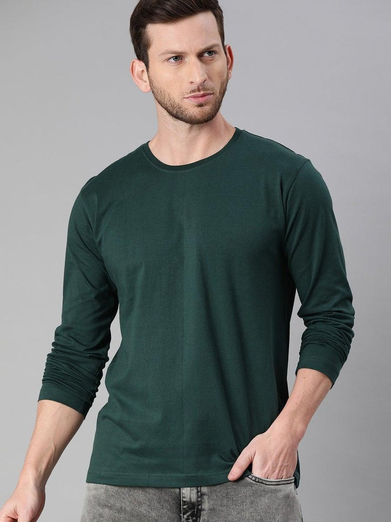 FULL SLEEVES ROUND NECK T-SHIRT - BOTTLE GREEN - YK Clothing